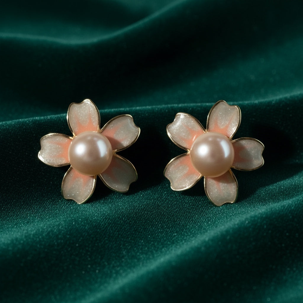 Charmluna floral stud earrings with peach-pink enamel petals and a central cream faux pearl on green velvet fabric.