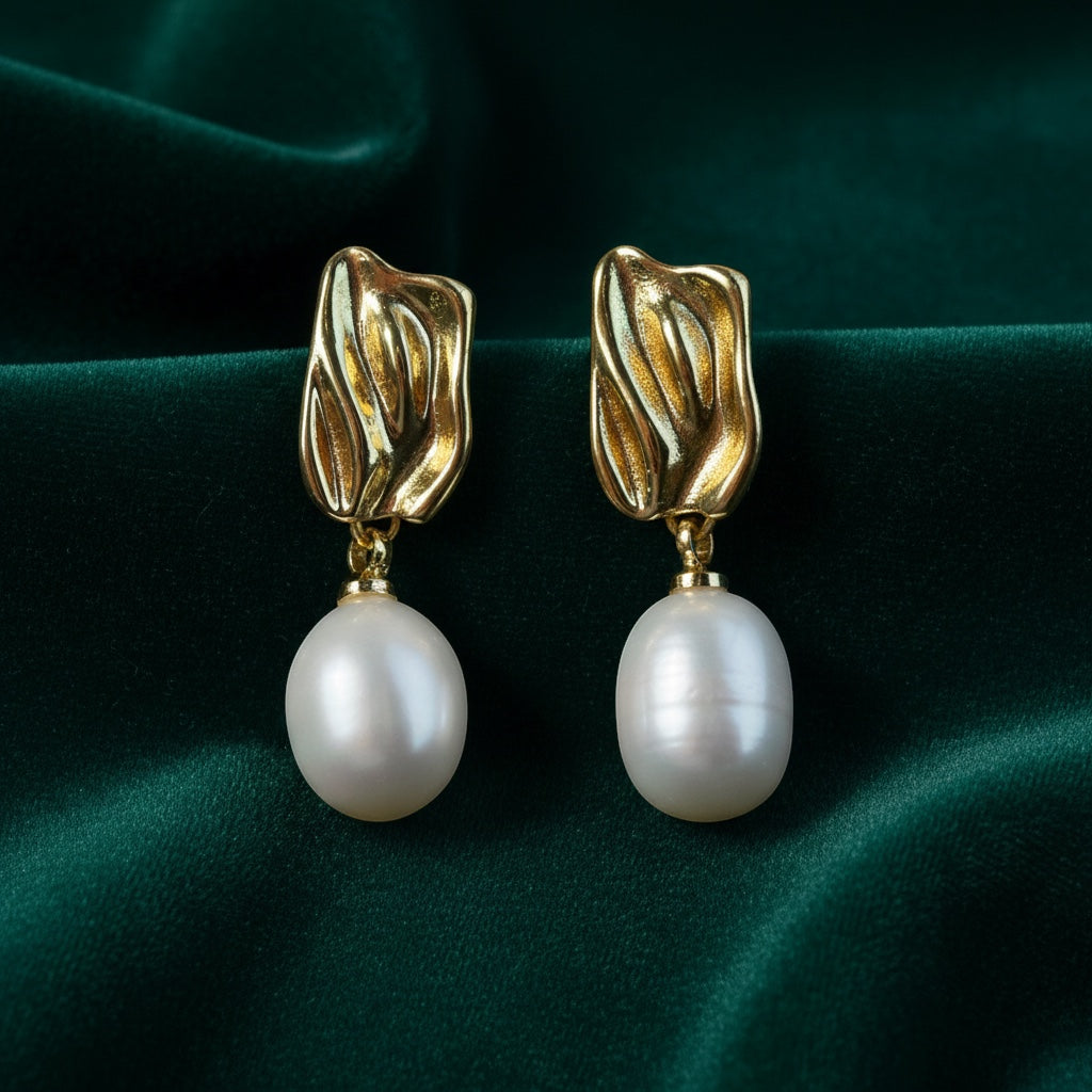 Gold Leaf Pearl Drop Earrings