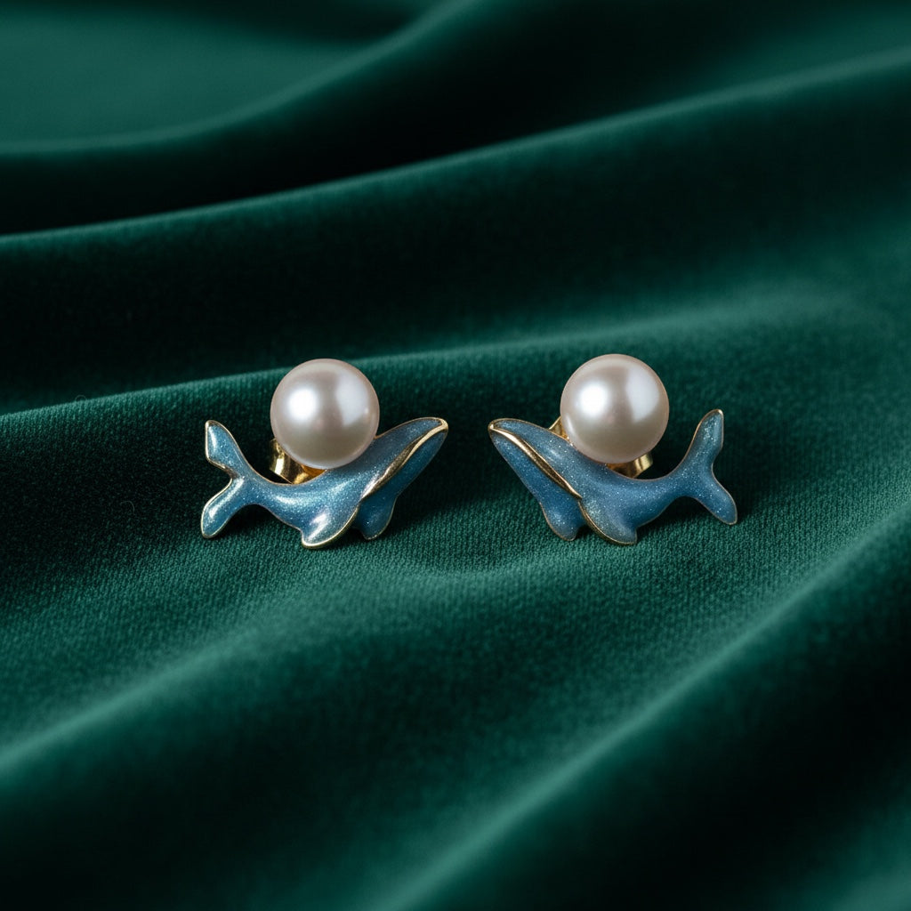 Charmluna blue whale stud earrings with lustrous round pearls on a dark green velvet background