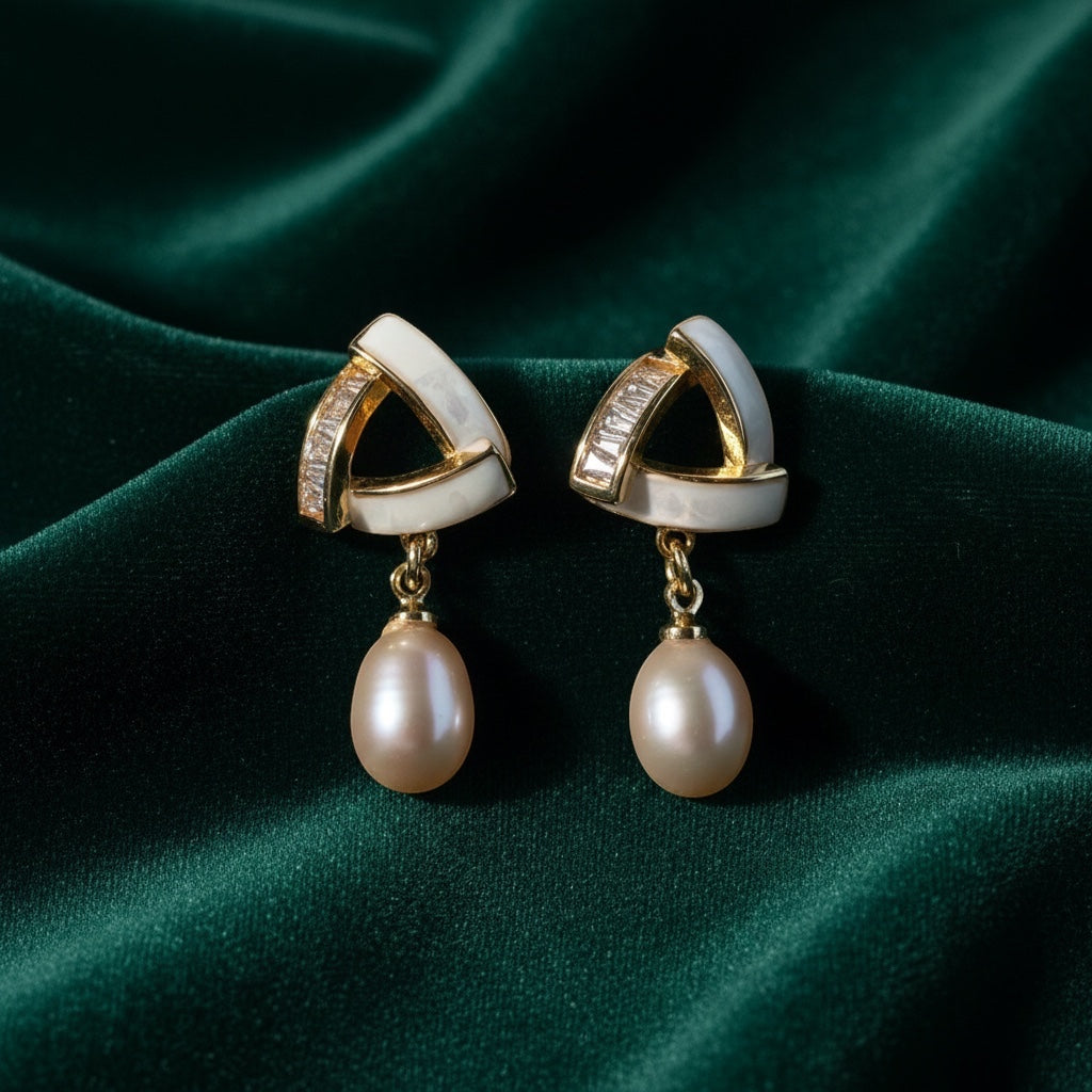 Charmluna geometric drop earrings featuring triangular mother of pearl tops with crystal accents and oval pearl drops.