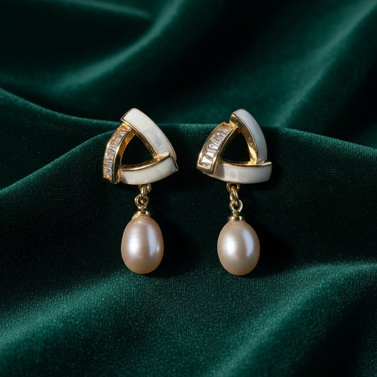 Charmluna geometric drop earrings featuring triangular mother of pearl tops with crystal accents and oval pearl drops.