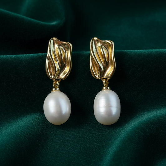 Gold Leaf Pearl Drop Earrings